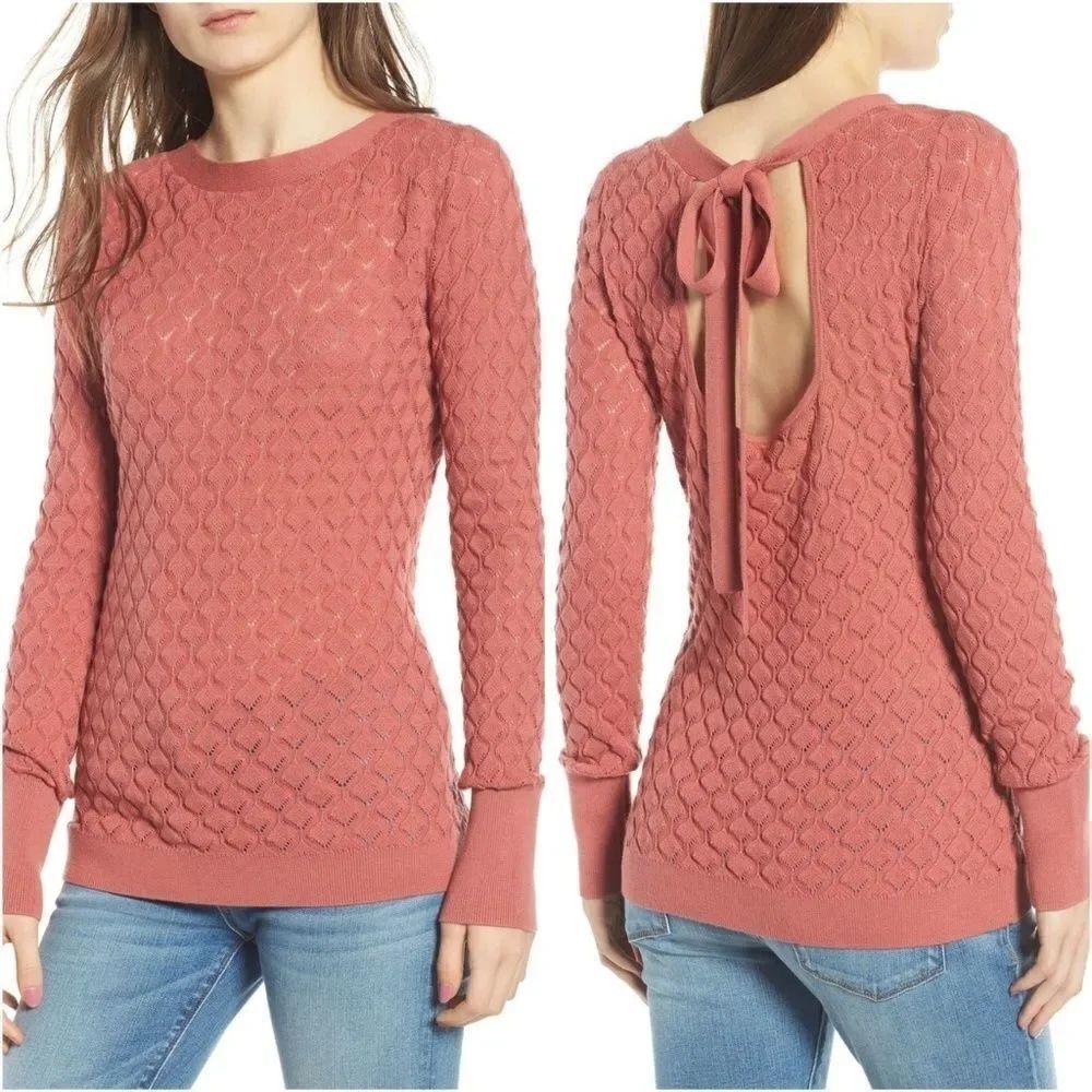 Hinge Back Tie Pointelle Sweater Sz Lg